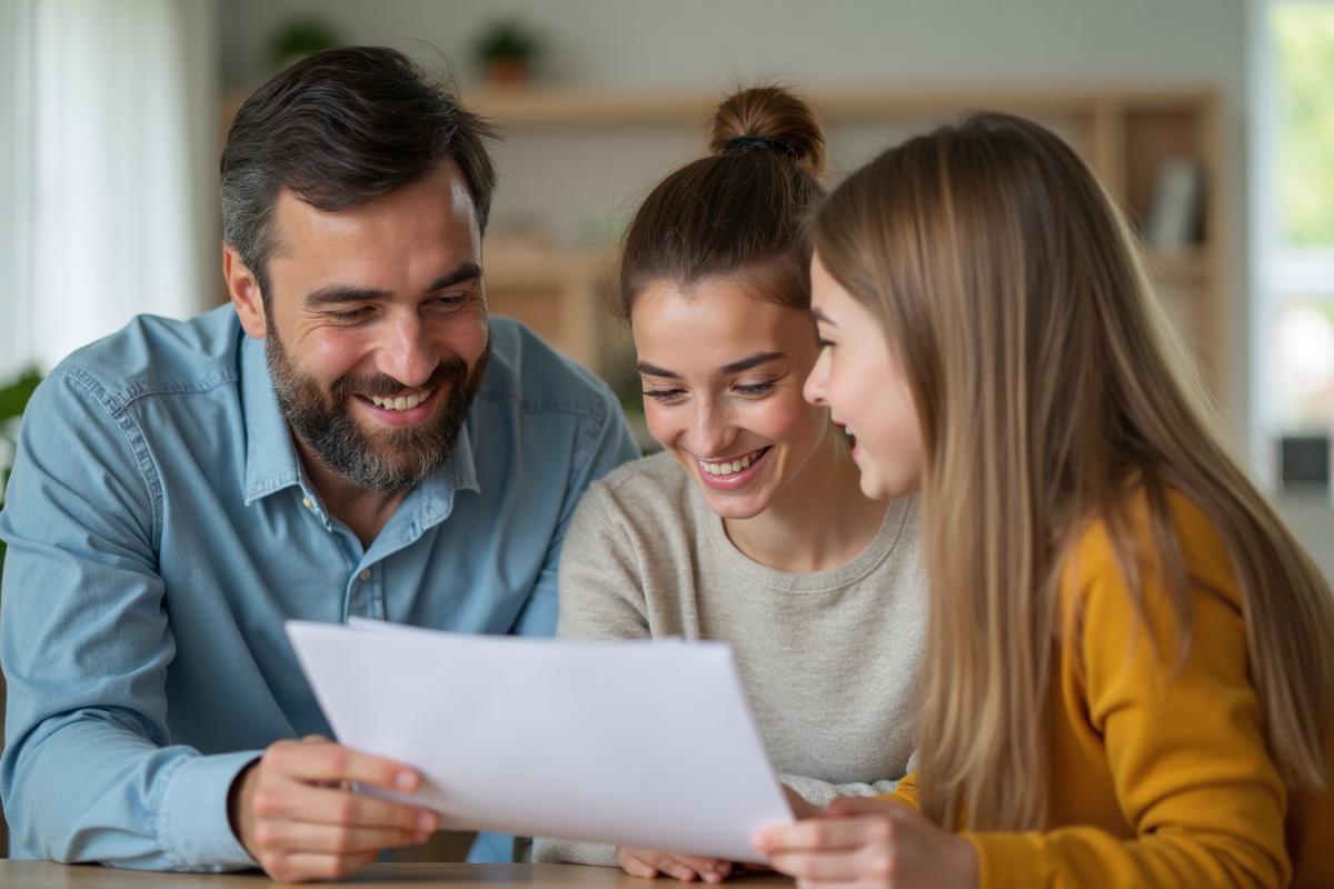 Parents et enfant regardant des documents d'orientation