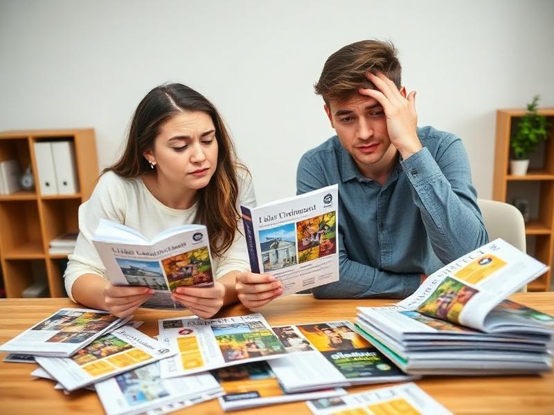 Parents et enfant confus devant de multiples brochures d'écoles